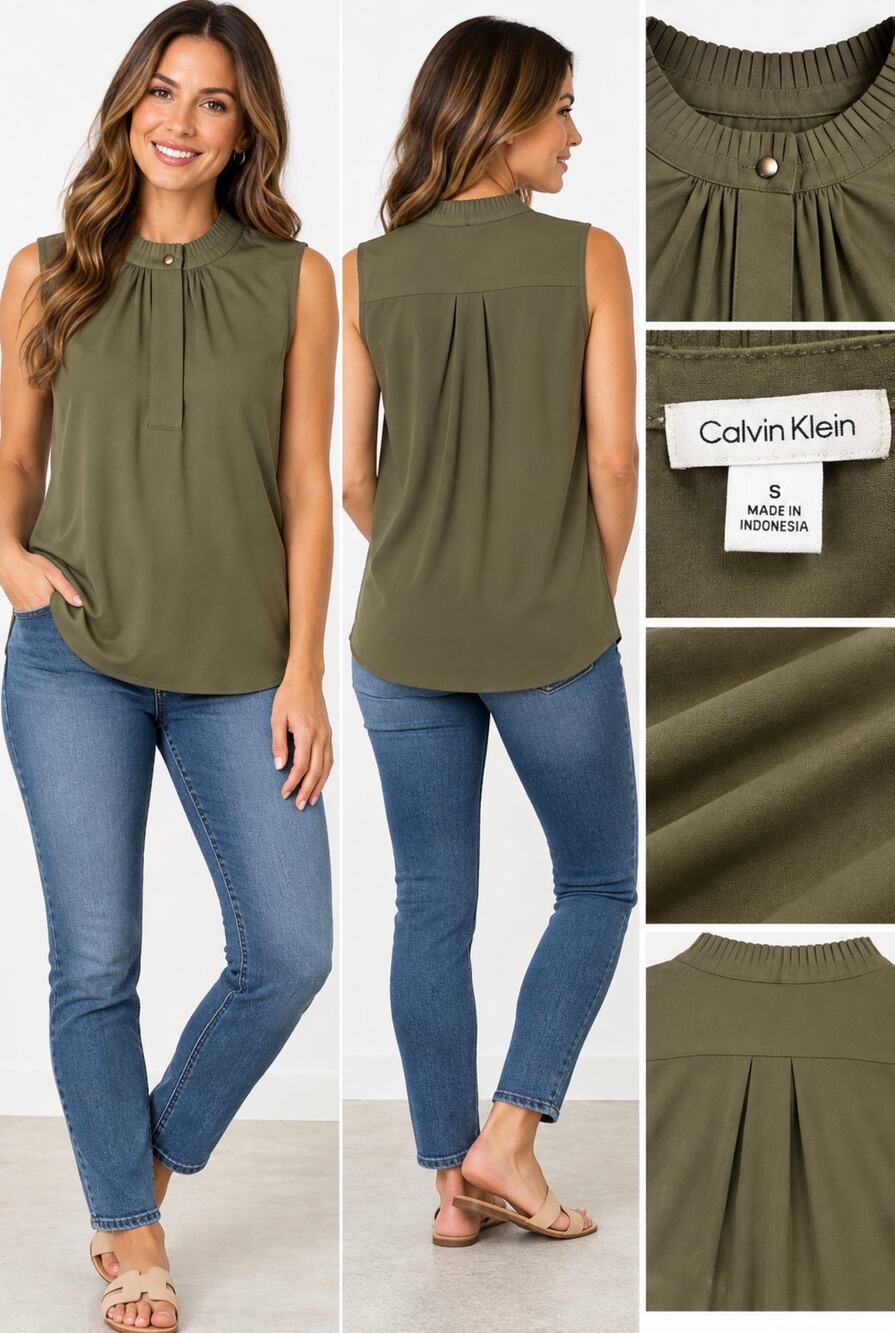 Calvin Klein Olive Green Sleeveless Blouse Small Pleated Mock Neck Work Top